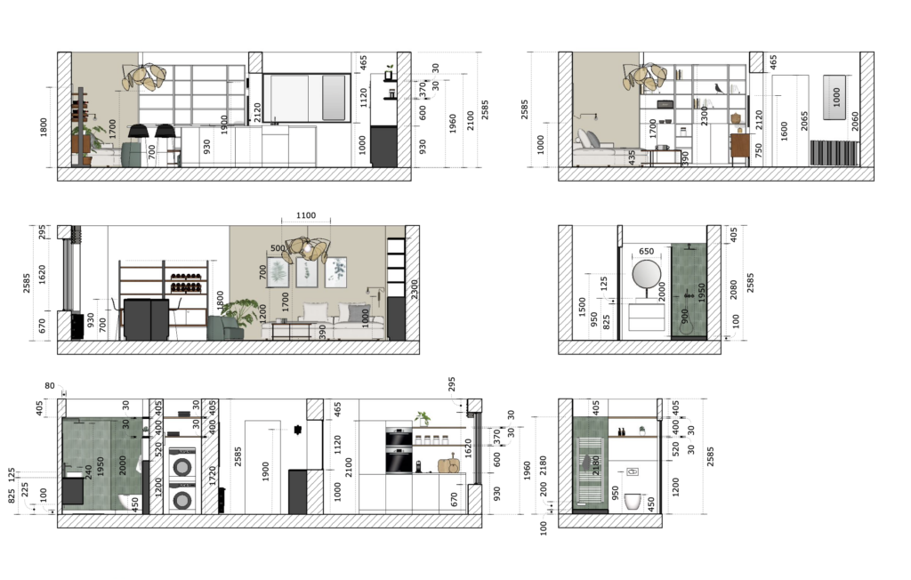 Plans cotés de la cuisine, salle à manger et séjour + salle de bain