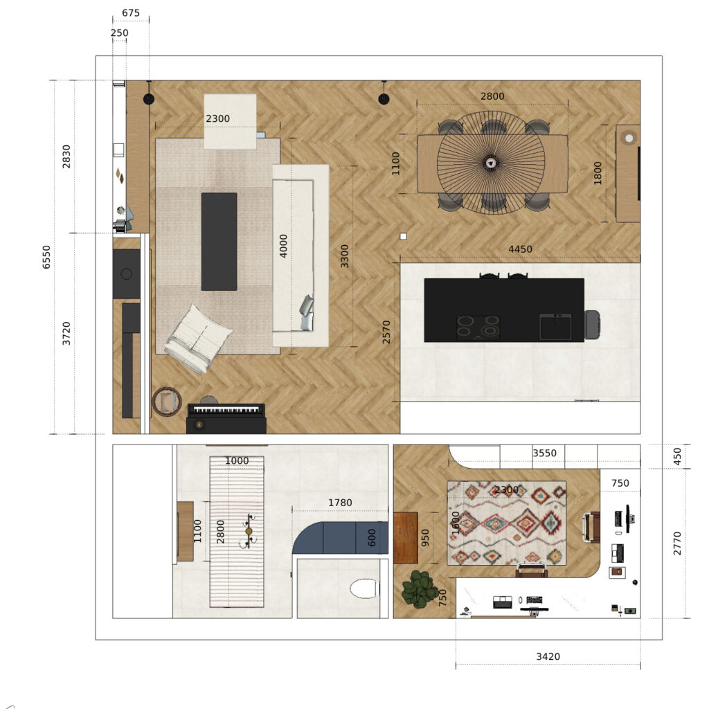 Plans cotés salon, salle à manger et cuisine