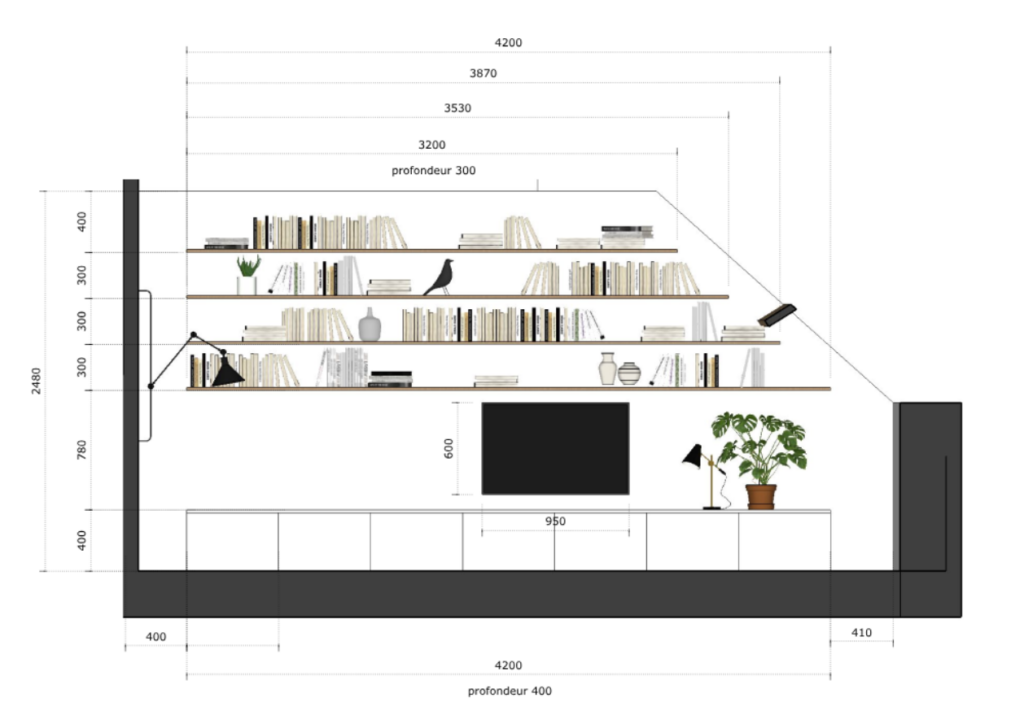 Plans cotés bibliothèque quadruplex