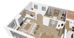 Vue 3D salon, salle à manger, bibliothèque